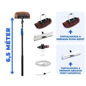   6,5 m Teleszkópos, alumínium napelemtisztító prémium mosókefe + vegyszeradagolóval + üveglehúzóval, acél nyéllel 